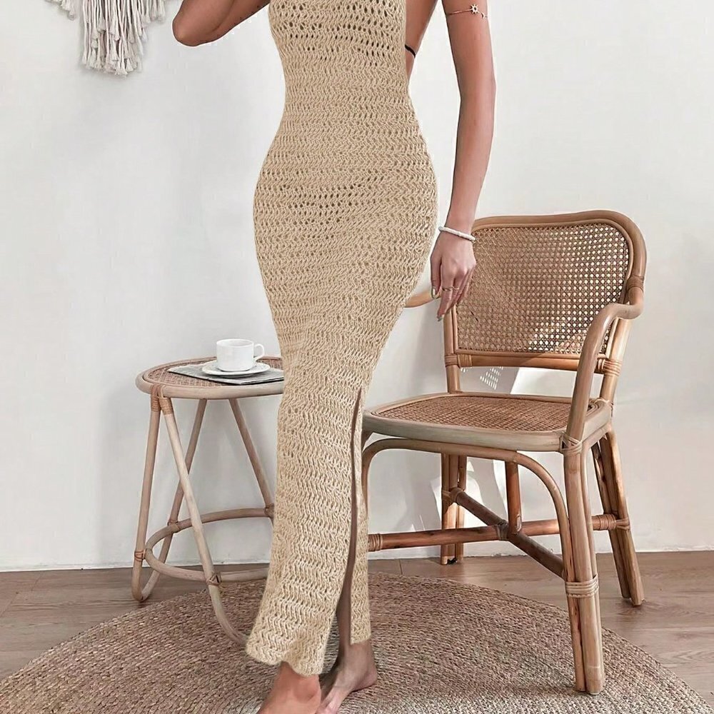 Apricot Casual Womens Hollow Out Split Thigh Cover Up Dress Without Bikini - Picture 3 of 5